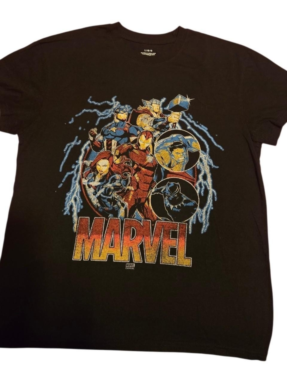 Marvel Black Short Sleeve Tee with Red & Blue Avengers Graphic